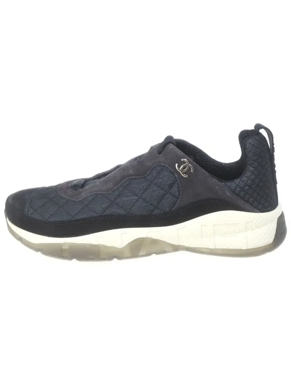Chanel CC Logo Fabric Suede Low Cut Sneakers Black